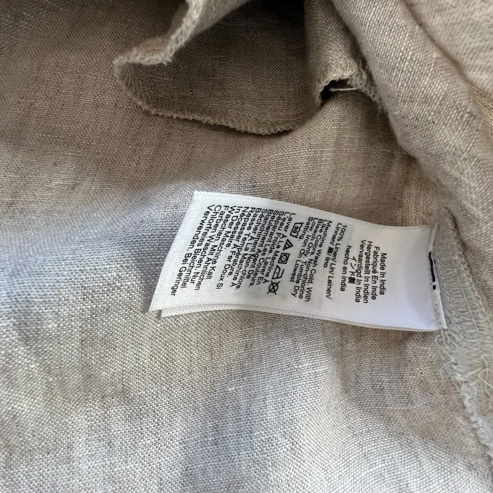 Button-Front Tie Waist Linen Dress in Light Beige